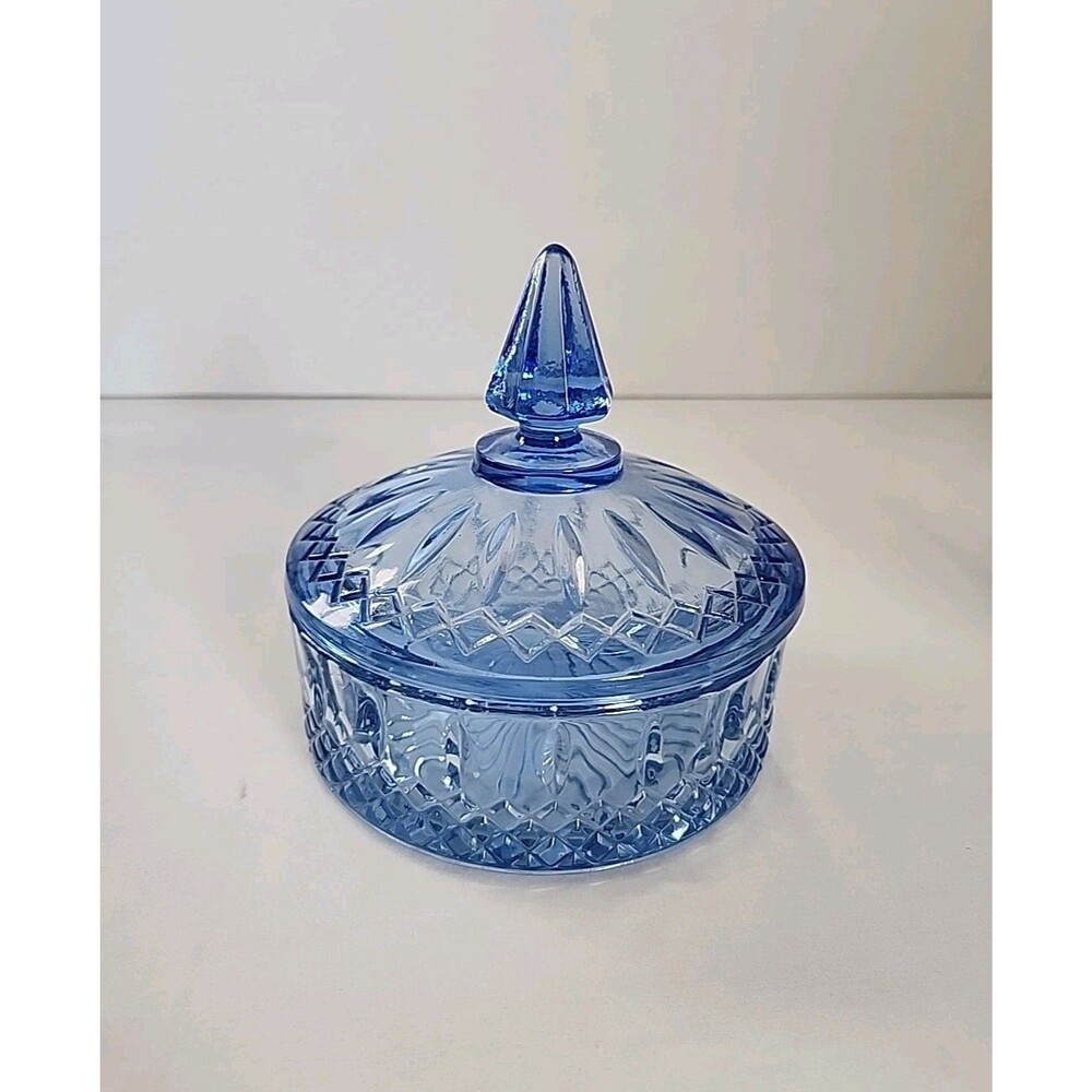 Indiana Glass Princess Diamond Point Blue Candy Dish Vanity Vintage